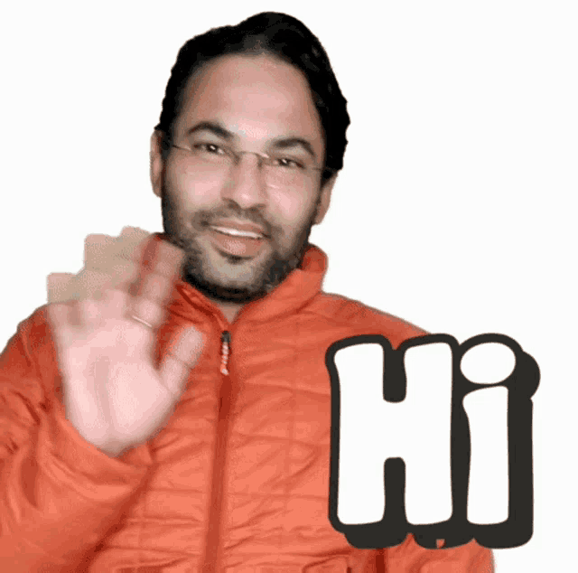 a man wearing glasses and an orange jacket waves his hand with the word hi behind him