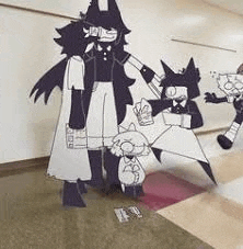 a group of cartoon characters are standing in a hallway .