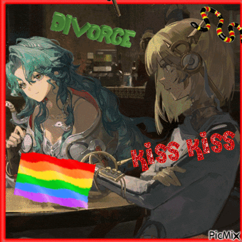 a picture of two anime girls with a rainbow flag and the words divorce kiss kiss on the bottom