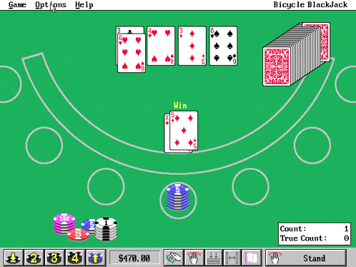 a screen shot of a bicycle blackjack game with a win