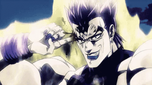 dio from jojo 's bizarre adventure is making a funny face while holding a sword .