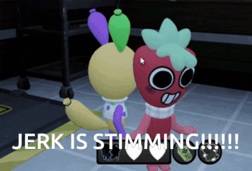 two cartoon characters are standing next to each other with the words " jerk is stunning !!! " below them