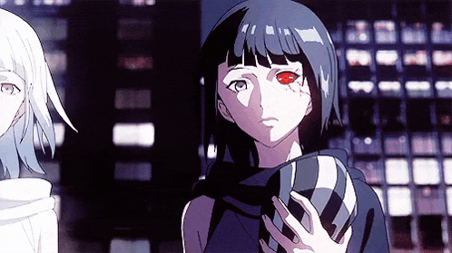a couple of anime girls are standing next to each other in front of a building . one of the girls has a red eye .