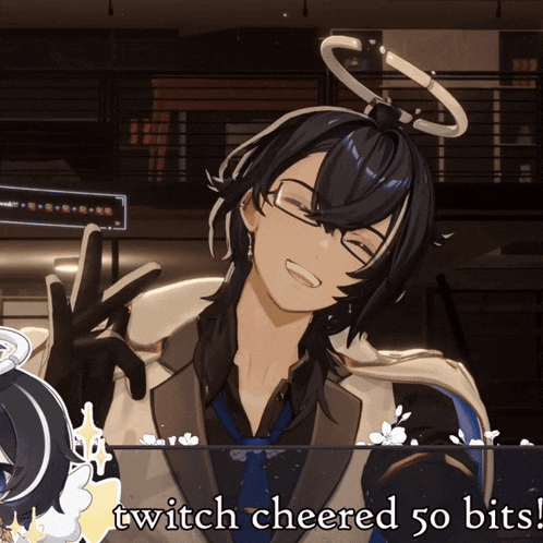 a cartoon character with the words twitch cheered 50 bits at the bottom