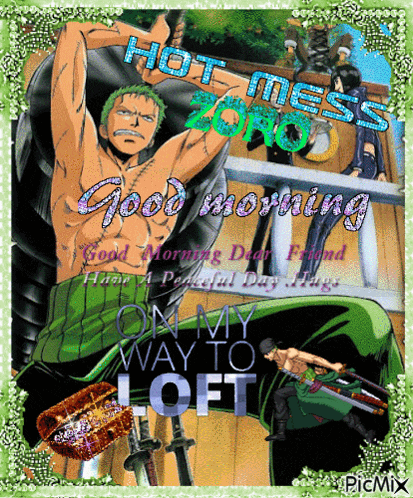 a picture of roronoa zoro with the words hot mess on my way to loft at the bottom