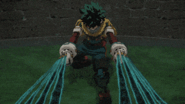 a close up of a cartoon character with green hair and a yellow cape