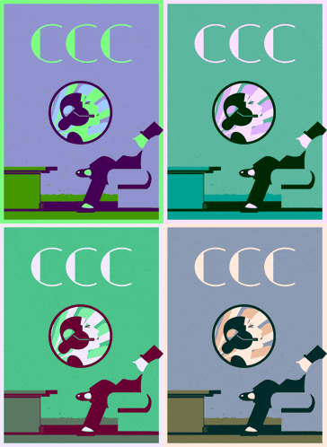 four different colored posters with ccc written on the bottom