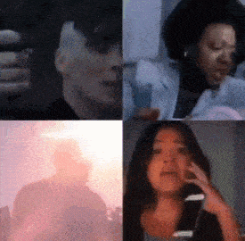 a collage of four images of people including a woman talking on a cell phone
