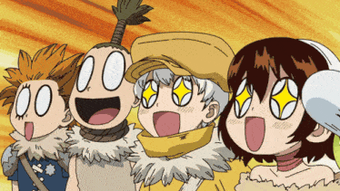 a group of cartoon characters with their eyes closed and their mouths open