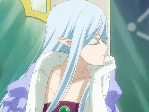 a woman with long white hair and elf ears is sitting with her eyes closed
