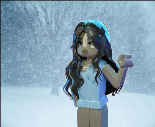 a girl in a blue shirt is standing in a snowy field