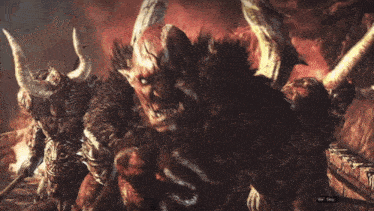 a screenshot of a video game shows a monster with horns and a new skip button