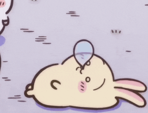 a cartoon rabbit is laying on its back on a purple surface with a purple background .