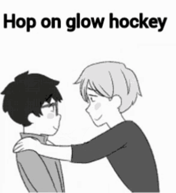 a black and white drawing of two boys with the words hop on glow hockey below them