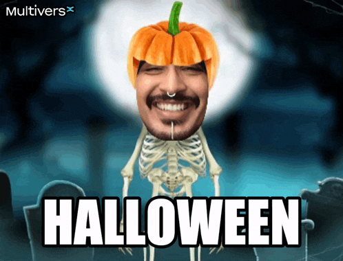 a skeleton with a pumpkin on his head and the words halloween below it