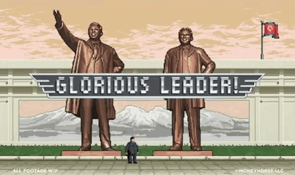 a statue of a man is standing in front of a sign that says glorious leader