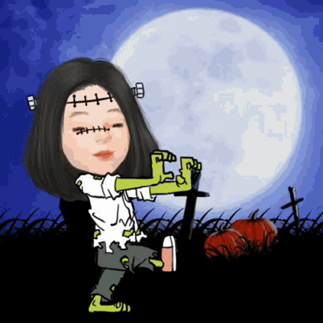 a cartoon of a woman dressed as frankenstein holding a cross