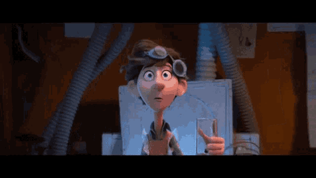 a cartoon character is holding a glass and looking up