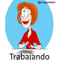 a cartoon of a woman wearing a headset sitting at a desk with the word trabajando written below her