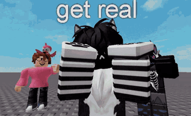 a girl in a pink shirt is standing next to a black and white robot with the words " get real " above it