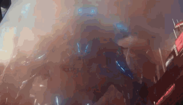 a giant robot is flying through a cloud of smoke in a video game .