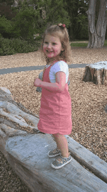 a little girl in a pink dress and blue shoes stands on a log