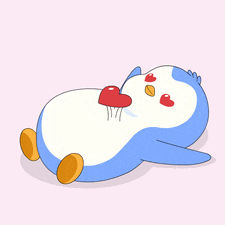 a blue and white penguin is laying down with a heart balloon on its back