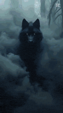 a black wolf in a foggy forest with the letter w on the bottom