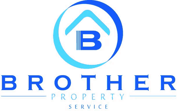 the logo for brother property service has a blue circle with a house in it