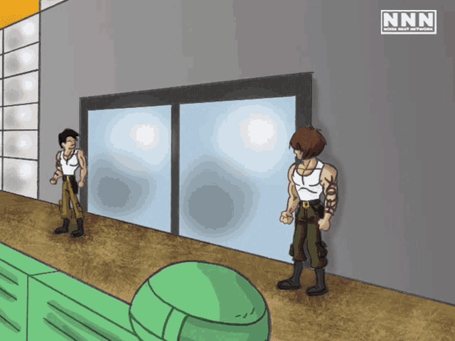 a cartoon drawing of two men standing in front of a building with a sign that says nn