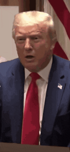 donald trump wearing a blue suit and red tie stands in front of an american flag