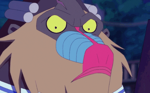 a close up of a cartoon character with a pink nose