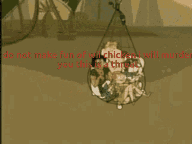 a cartoon of a man holding a knife with the words do not make fun of wii chicken will murder you