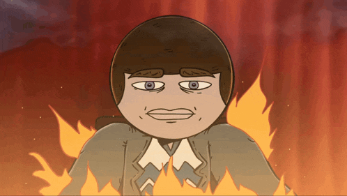 a cartoon drawing of a person standing in front of fire