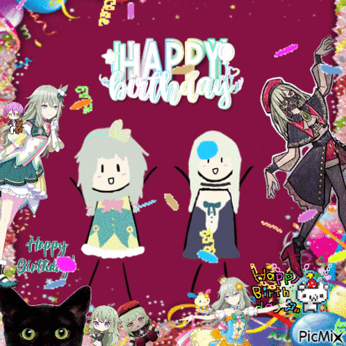 a happy birthday greeting card with a black cat in the corner
