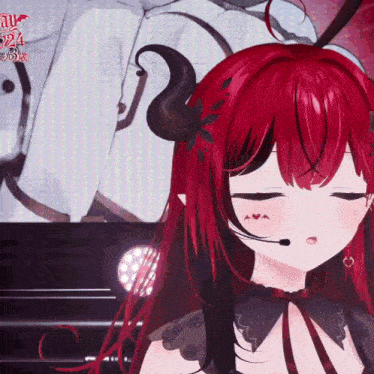 a close up of a red haired anime girl with horns