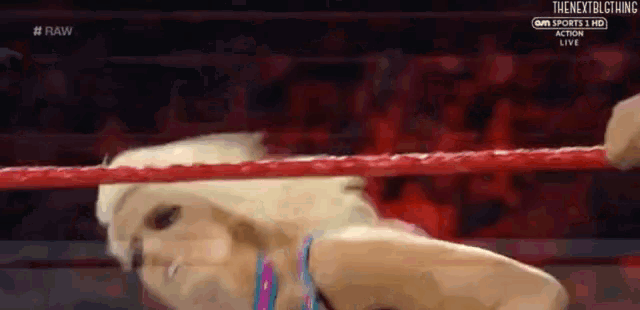 a woman is standing in a wrestling ring with her head in the ring .