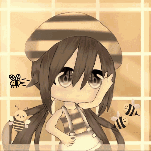a girl wearing a striped hat and suspenders is surrounded by three bees