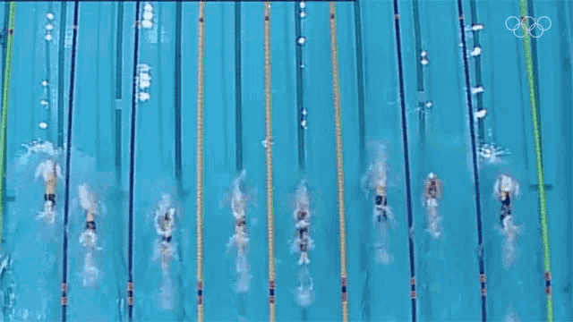 a bunch of swimmers are swimming in a pool with the olympic rings in the background