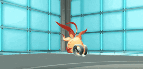 a cartoon character is laying on the floor in a room with blue walls