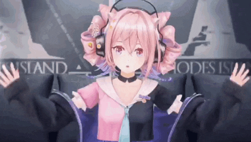 a 3d anime girl wearing headphones and a choker is standing in front of a wall .