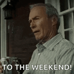 an elderly man is sitting on a porch holding a beer and saying `` to the weekend ! ''