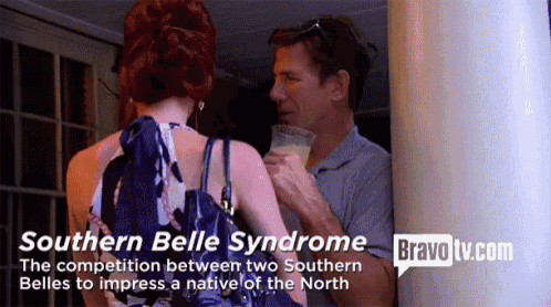 a man and a woman are standing next to each other with the words southern belle syndrome