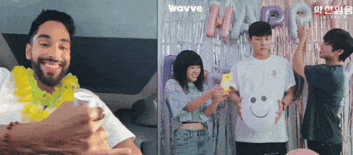a man wearing a lei and a woman holding a smiley face in front of balloons that say wavve