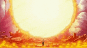 a person is standing in front of a large explosion in a video game .