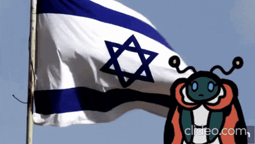 a cartoon bug is standing in front of a flag with a star on it