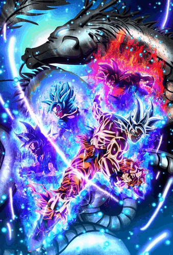 a painting of a dragon ball z character surrounded by a dragon
