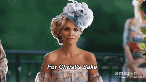 a woman in a floral dress and hat is saying for christ 's sake