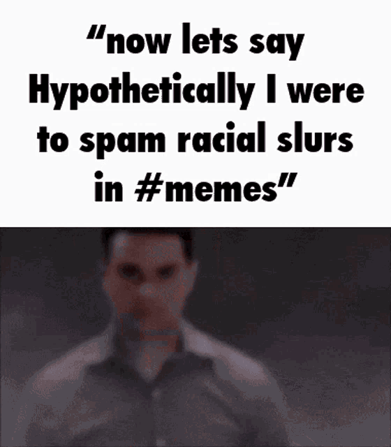 a picture of a man with the words " now lets say hypothetically i were to spam racial slurs in #memes " written on it