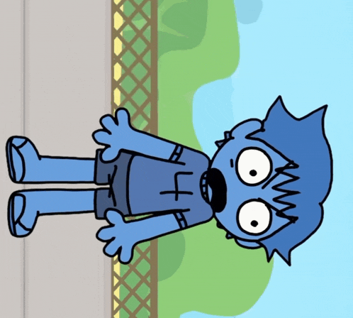 a blue cartoon character with a surprised expression on his face